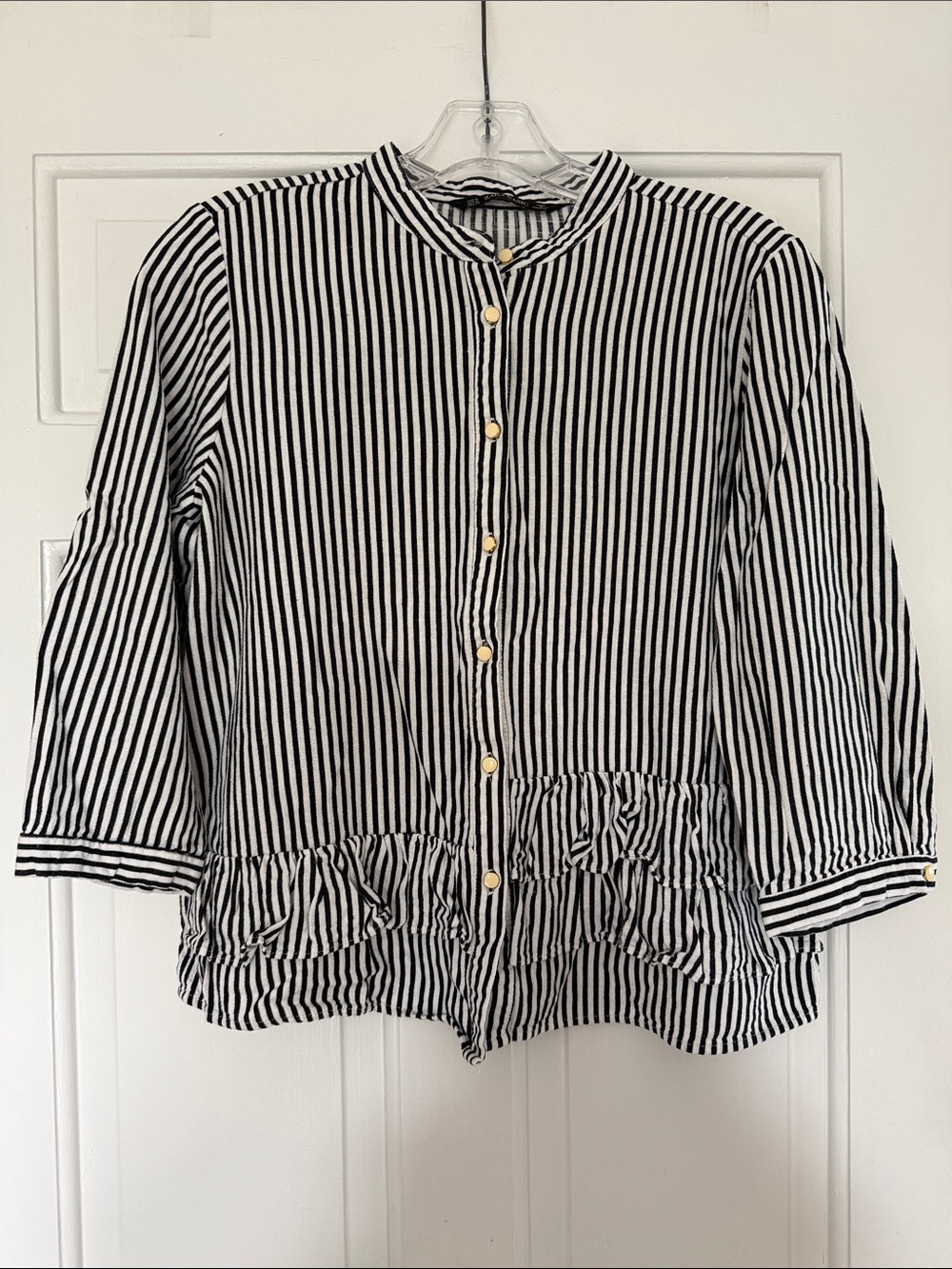 Zara Black and White Striped Button-Neck Top